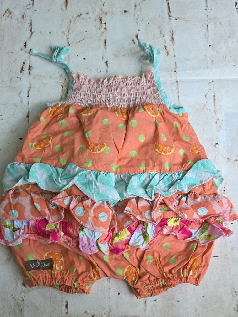 Matilda Jane Orange Pink Green Polka Dot Citrus Ruffle One-Piece